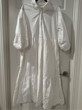 Anthropologie Maeve Bettina White Eyelet Midi Dress with Puff Sleeves